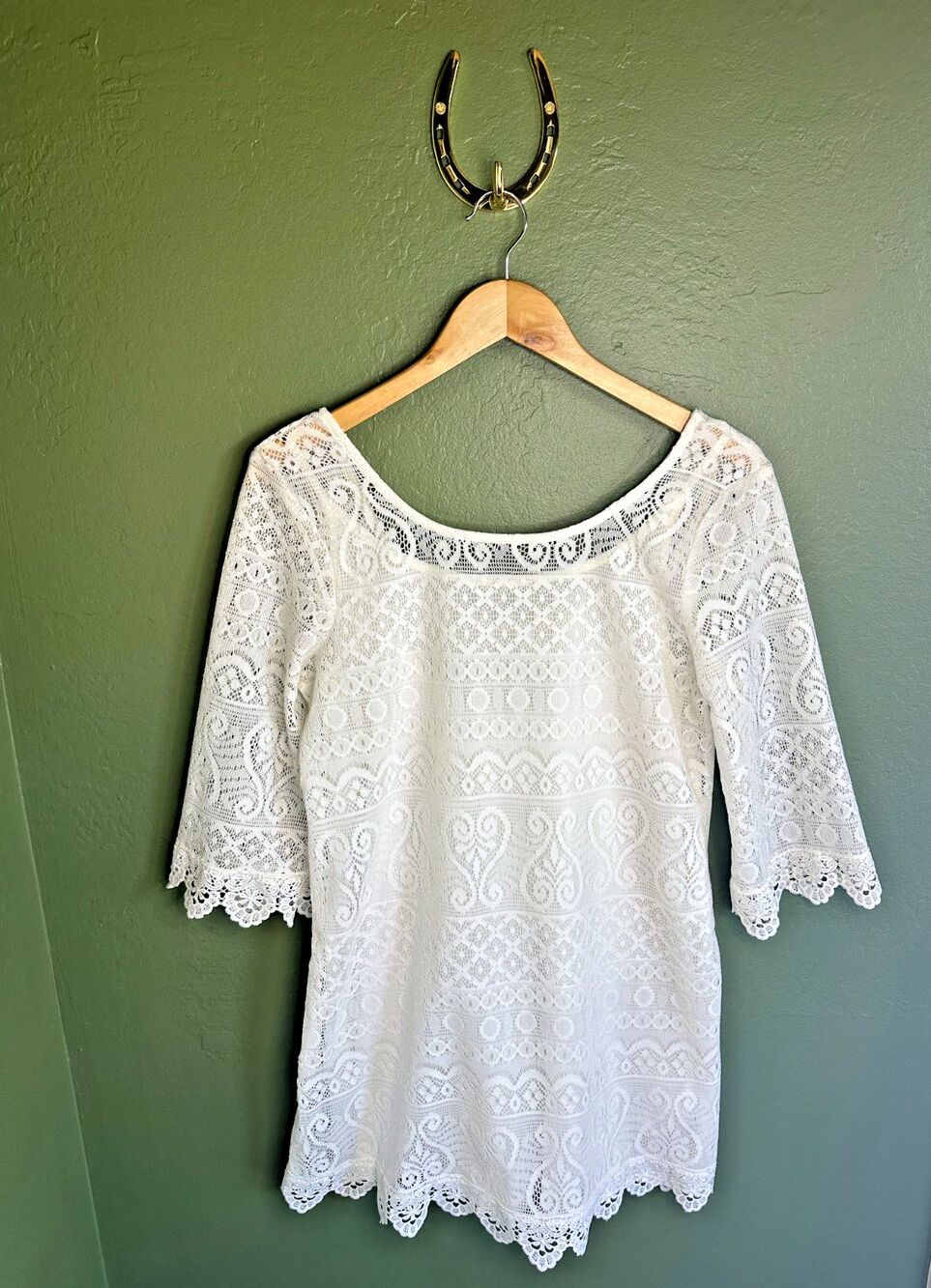 H&M crochet shift mini dress size medium 3/4 sleeve lace bridal boho